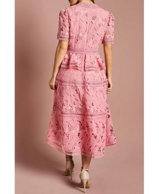 Women's V Neck Tiered Lace Midi Dress
