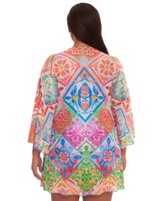 Plus Size Mijas Tie-Front Stretch Mesh V-Neck Cover-Up Tunic