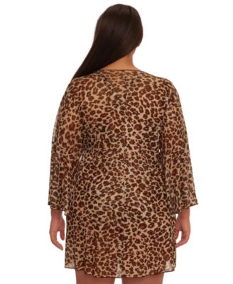 Plus Size Safari Leopard Tie-Front Cover-Up Tunic