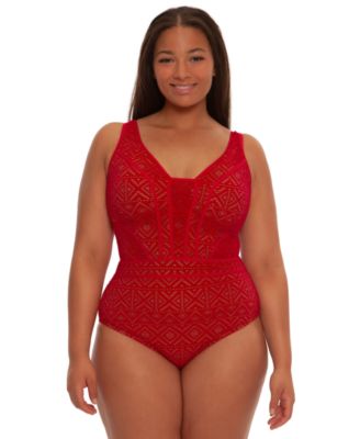 Plus Size Color Play Crochet Plunge One-Piece Swimsuit