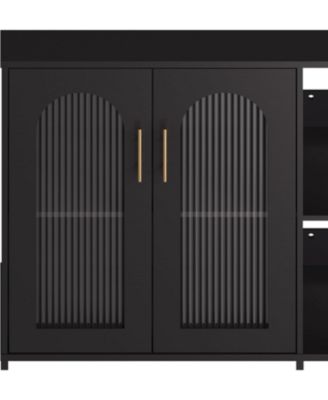 Sideboard Buffet Cabinet with Storage , Wooden Storage Cabinets with Glass Doors, Two Golden Metal Handles