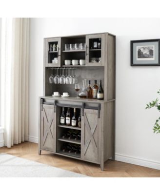 Farmhouse Coffee Bar and Wine Cabinet with Sliding Barn Doors  Tall Pantry Hutch  Wine and Glass Rack