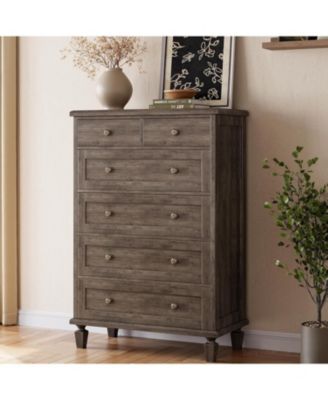 Vintage 6 Drawer Dresser with Tapered Legs, Wood Tall Chest of Drawers for Bedroom, Living Room, Entryway, Distressed Wood Finish