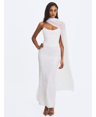 Women's Myra White Beaded Mesh Strapless Wedding Dress