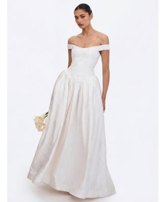 Women's Tinsley White Jacquard Bardot Wedding Gown