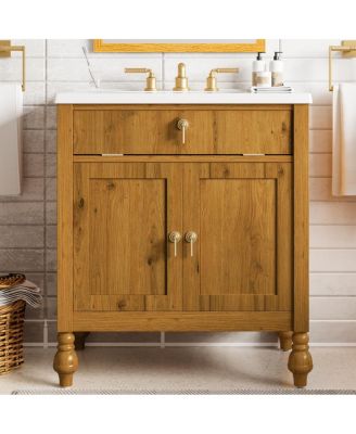 30 Inch Freestanding Bathroom Vanity with Seashell Resin Sink, Flip-Up Organizer & Soft Close Storage for Modern Space