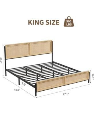 Bed Frame with Natural Rattan Headboard and Footboard, Wooden King Platform Bed No Box Spring Needed