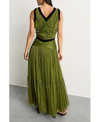 Women's Petite Velvet Trim Tulle Maxi Dress