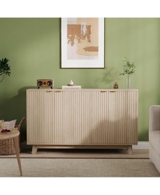 Fluted Cabinet with Storage Buffet Sideboard with Adjustable Shelves and Gold Handles for Living Room Entry and Kitchen Natural