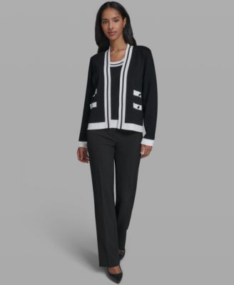 Women's Open-Front Long-Sleeve Knit Cardigan with Contrast Trim