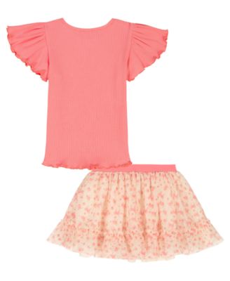 Girls' 2T-4T Flutter Sleeve Ribbed Top and Printed Tulle Skort, 2-Piece Set