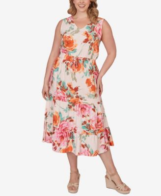 Plus Size Drawstring Waist Floral Linen Tiered Dress