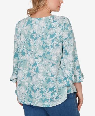 Plus Size Floral Puff Print Ruffle Knit Top