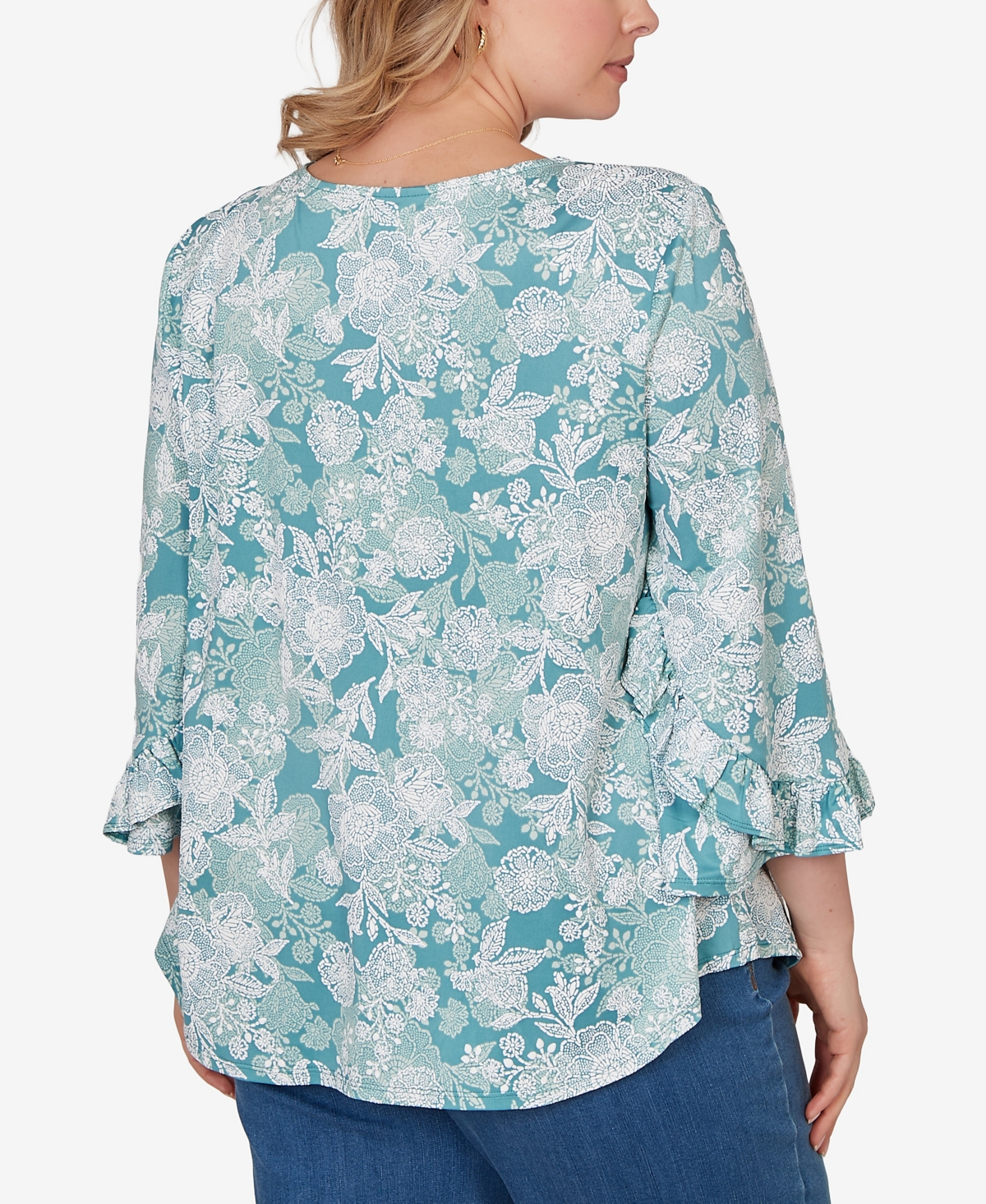 Ruby Rd. Plus Size Floral Puff Print Ruffle Knit Top
