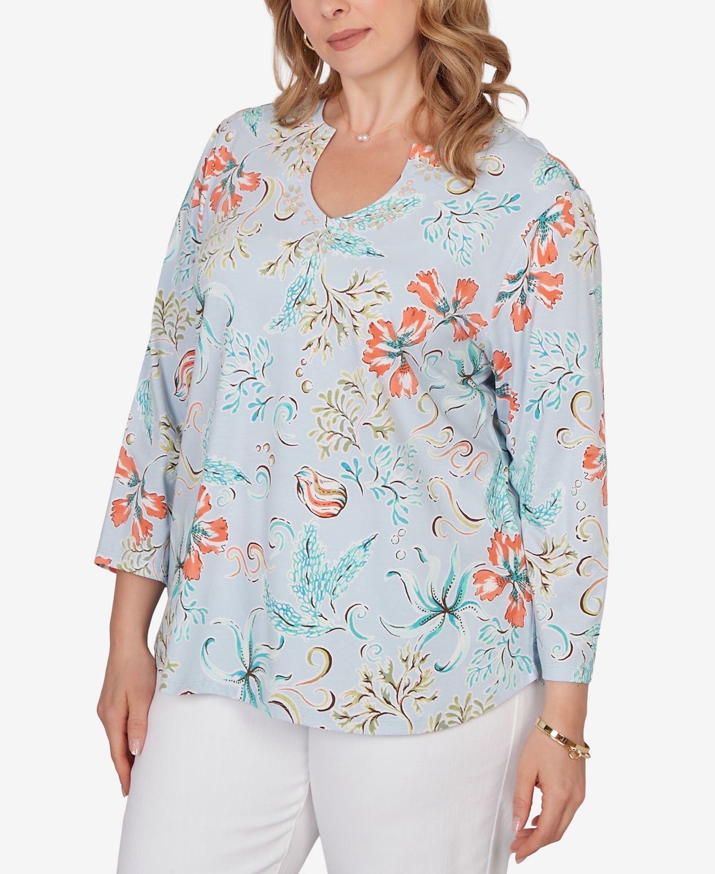 Женский топ Ruby Rd. Plus Size Embellished Oceania Floral Knit, цвет: Синий разноцветный — фото 3