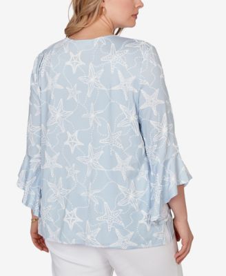 Plus Size Starfish Puff Print Flutter-Sleeve Top