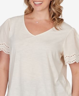 Plus Size Eyelet Poplin-Sleeve Slub Knit Top