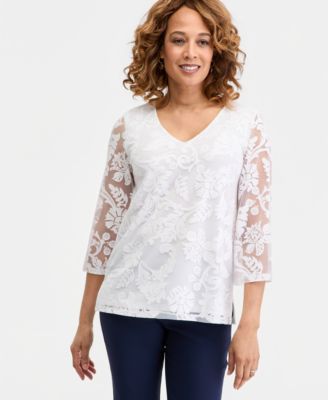 Women's 3/4 Sleeve Allover Burnout V-Neck Top