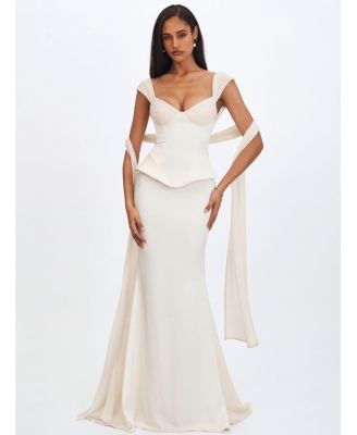 Women's Jessalyn Ivory Sweetheart Peplum Mermaid Wedding Dress with Chiffon Scarf