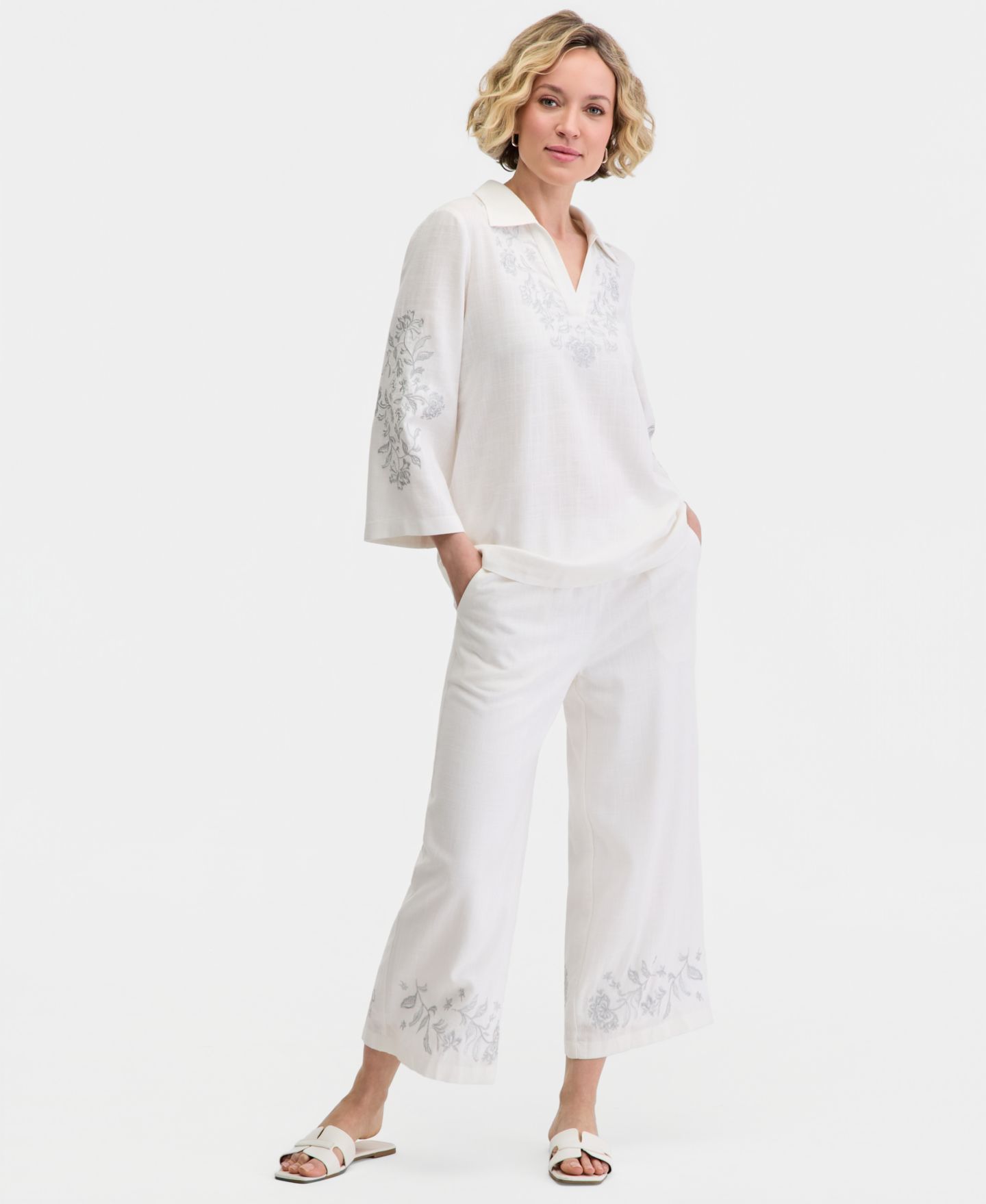 Женский топ JM Collection Collared Embroidered Linen-Blend 3/4-Sleeve Top, цвет: Яркий белый — фото 2