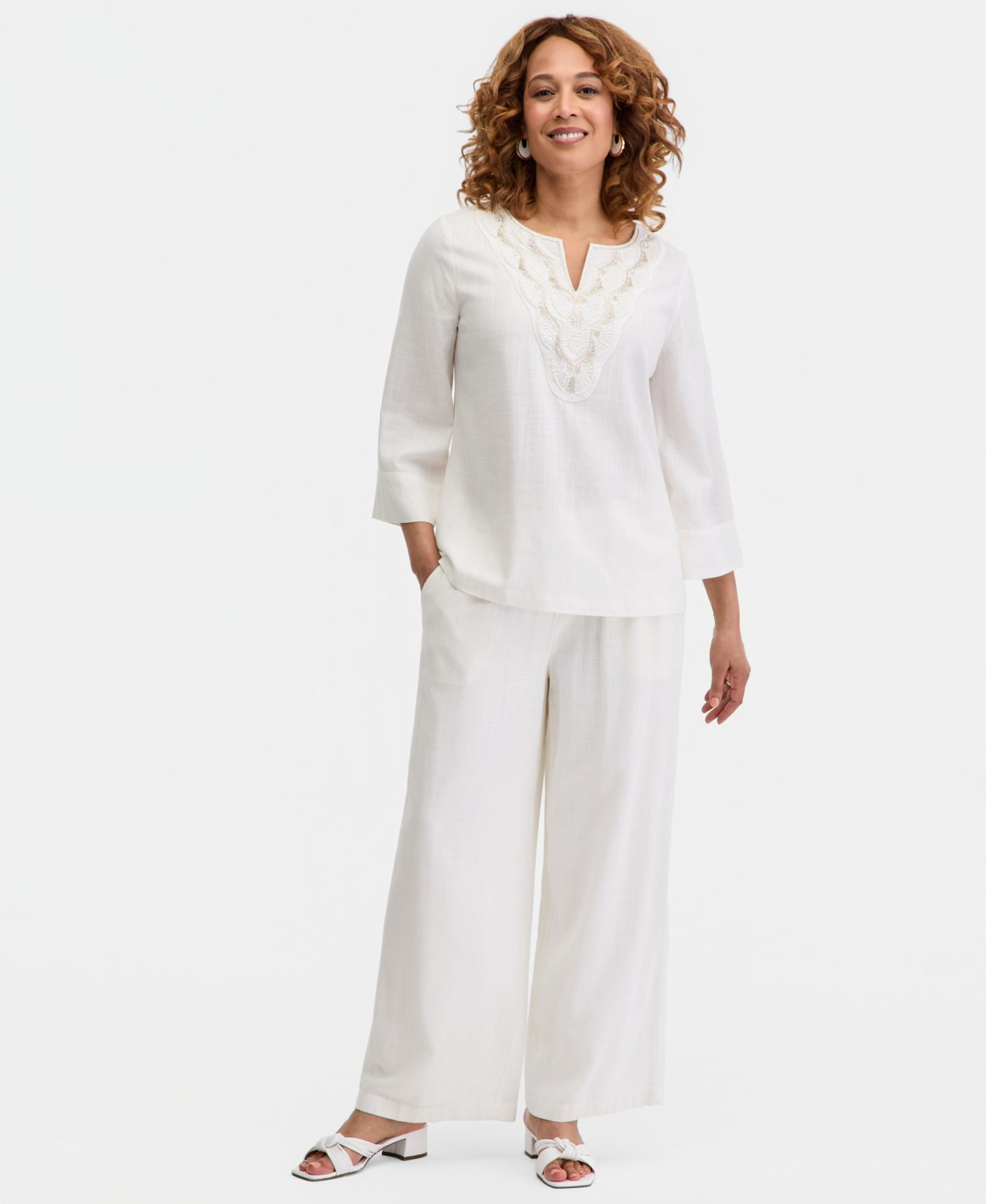 Женский топ JM Collection Split-Neck Beaded Linen-Blend 3/4-Sleeve Top, цвет: Яркий белый — фото 2