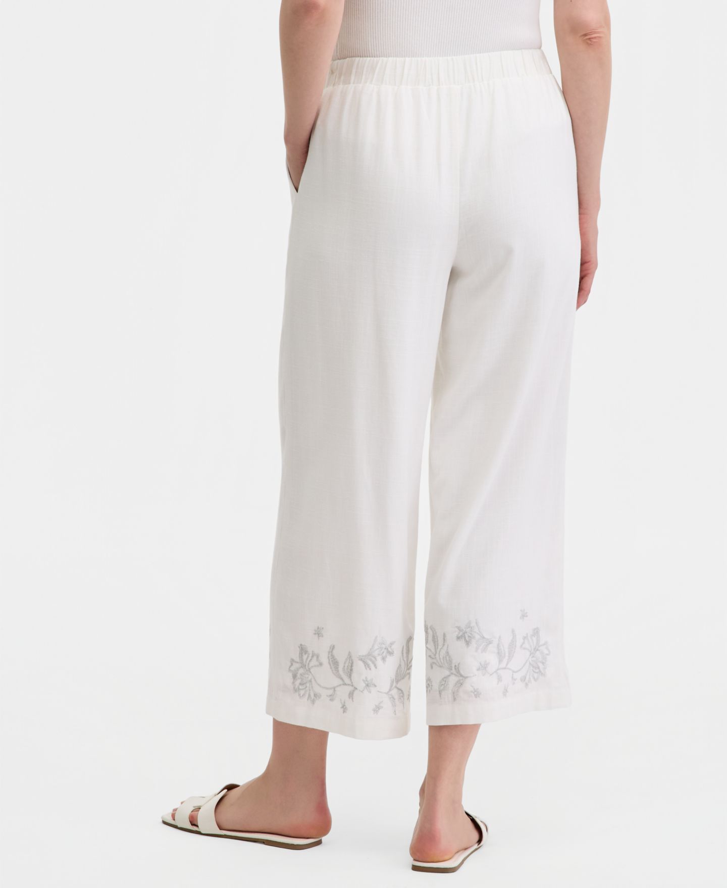 Женские брюки JM Collection High-Rise Embroidered Linen-Blend Cropped Pants, цвет: Яркий белый — фото 4