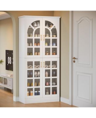 68.94" Tall Shoe Cabinet with Doors and Led Lights Set of 2, 8-Tier Wooden Shoe Rack Organizer with Adjustable Shelves