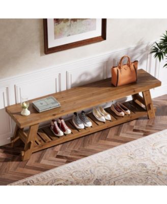 63" Solid Wood Bench, 2-Tier Shoe Rack, Farmhouse Entryway Bench with Storage Shelf, Kitchen Dining Bench