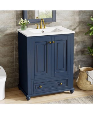 24" Modern Freestanding Solid Wood Bathroom Vanity with Ceramic Sink, Adjustable Shelf Storage, Soft-Close Cabinet & Drawer