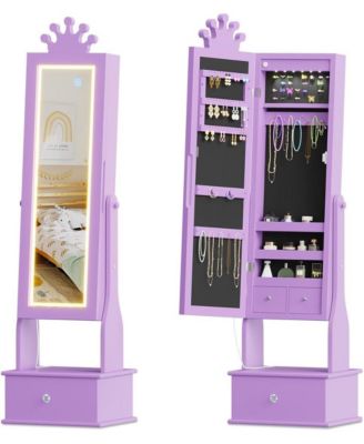 Kids Jewelry Armoire with Full-Length Mirror and LED Light, Child Jewelry Cabinet with 3 Storage Drawers