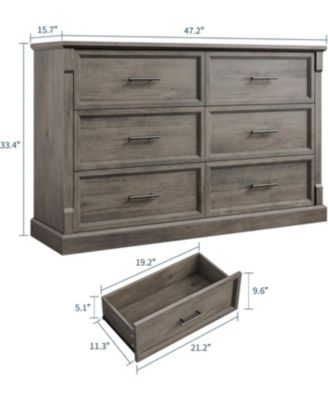 Farmhouse 6 Drawer Dresser 47 Inch Long Wood Chest Organizer Rustic Storage for Bedroom Living Room Washed