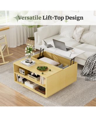 Lift Top Coffee Table with Storage - Fluted Wood Square Center Table with Open Storage, for Living Room, Home Office