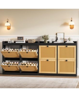 Shoe Cabinet with 4 Deep Flip Drawers, Base Freestanding Wooden Shoe Storage Cabinet with Rattan Door & 3 Tier Adjustable Shelves