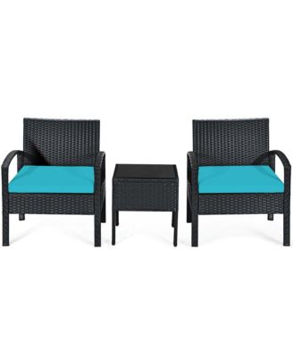 3PCS Patio Rattan Furniture Set Coffee Table and Chairs Set with Seat Cushions Garden