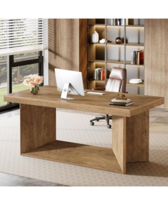 63-Inch Executive Desk, Large Office Computer Desk with Heavy Duty Pedestal, Farmhouse Simple Workstations Writing Table