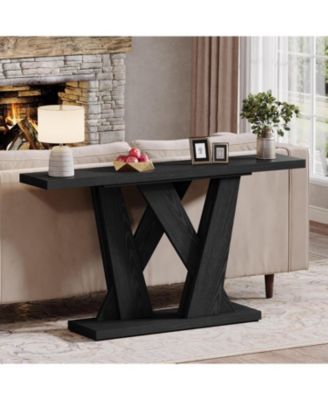 55-Inch Farmhouse Console Table, Entryway Table with Geometric Base, Narrow Sofa Table Rustic Wood Hallway Table