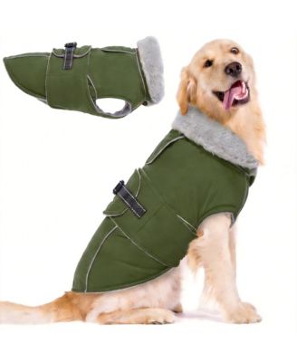 ARONKL - Reflective Waterproof Dog Jacket with Fur Collar & Adjustable Buckle for Cold Weather Army green