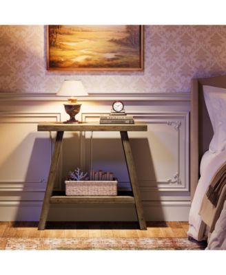 Solid Wood End Table for Living Room, Narrow Small Side Table with 2-Tier Storage