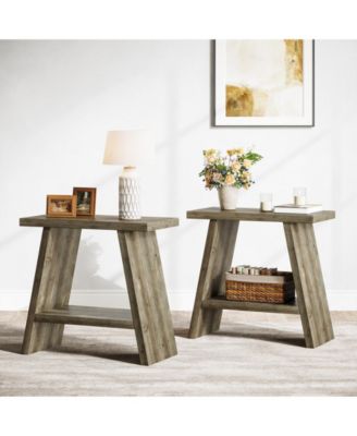 Solid Wood End Table for Living Room Set of 2, Narrow Small Side Table with 2-Tier Storage