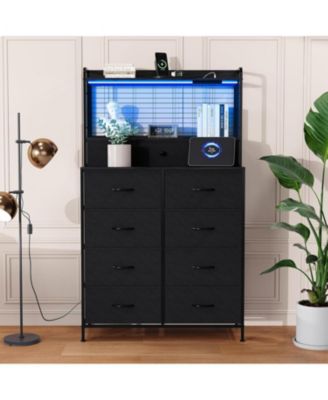 Rustic Dresser for Bedroom with Charging Station, App-Controlled RGB LED, Tall Dresser Storage Organizer with 11 Fabric Drawers