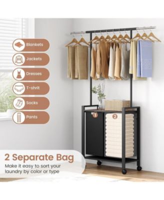 Rolling Laundry Sorter Hamper 2 Section Basket with Hanging Rack Plus Wheels Organizer for Laundry Room