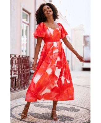 Women's Floral Midi Dress With Puff Sleeves