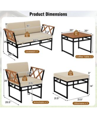 Set Of 7 Outdoor Conversation Set Acacia Wood Chairs and Coffee Tables Set w/Ottomans