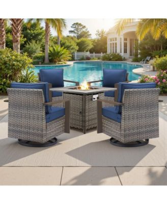 5 Pieces Patio Furniture Set, Rattan Wicker Outdoor, 4 Rattan Swivel Chairs w/30in Propane Fire Pit Table and Thickened Cushions