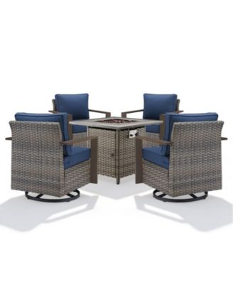 5 Pieces Patio Furniture Set, Rattan Wicker Outdoor, 4 Rattan Swivel Chairs w/30in Propane Fire Pit Table and Thickened Cushions