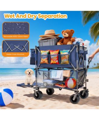 Heavy Duty Double-Layer Wagon -  55" Collapsible Wagons Carts with All-Terrain Wheels, Brakes, 560LBS Capacity for Camping, Transport