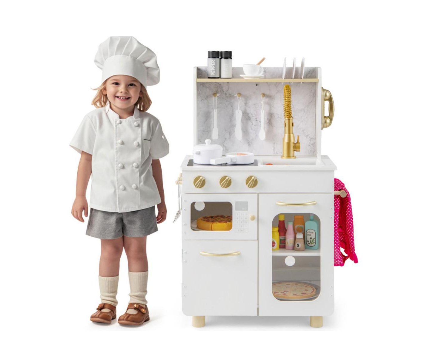 Детские игрушки HONGGE Kids Kitchen Set Pretend Play Kitchen with Stoves Faucet Sink Telephone Microwave and Oven, цвет: Белый — фото 10