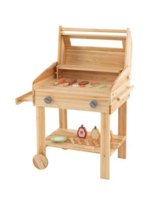 Kids Wooden Barbecue Grill Playset Pretend Kitchen with Food and Wheels