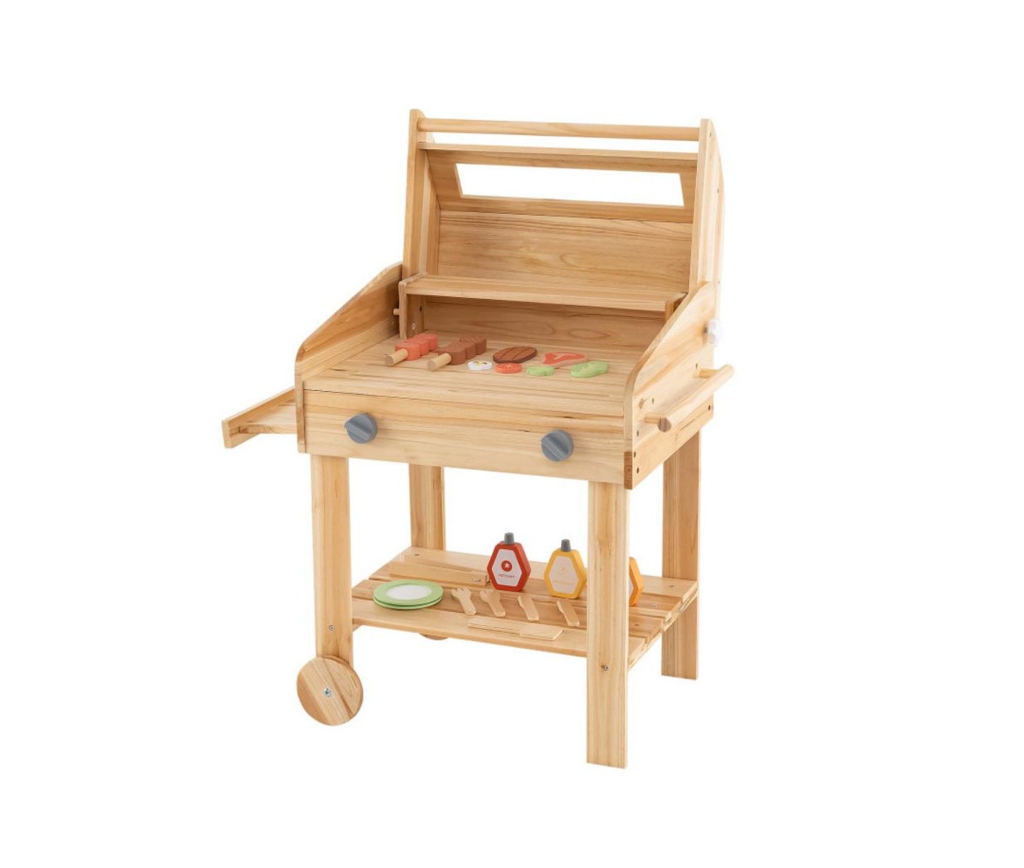 Детские игрушки HONGGE Wooden Barbecue Grill Playset with Wheels, 25-Piece Set, Ages 3+, цвет: Натуральный — фото 9