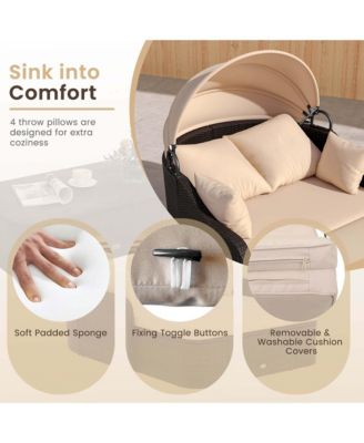 Outdoor PE Rattan Daybed w/ Retractable Canopy Soft Cushions & Extra Pillows